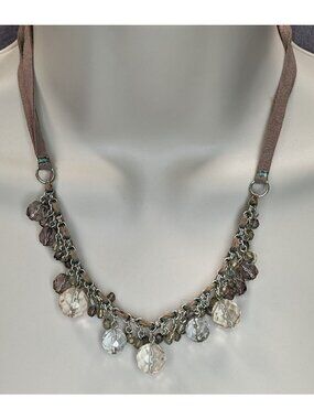 Boho Crystal Fringe Necklace Brown Suede Multi Strand Beaded Statement Jewelry